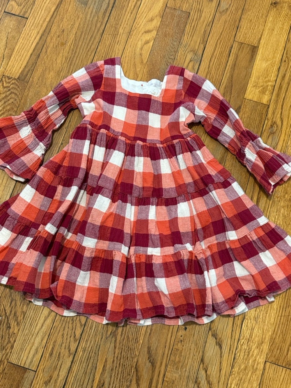 Well dressed wolf red orange gingham plaid long sleeve square neck dress 4T